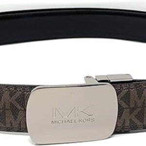 Michael Kors Men's Cut to Fit Reversible PVC Leather MK Plaque Belt (Brown)